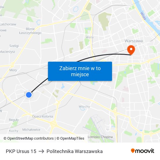 PKP Ursus 15 to Politechnika Warszawska map