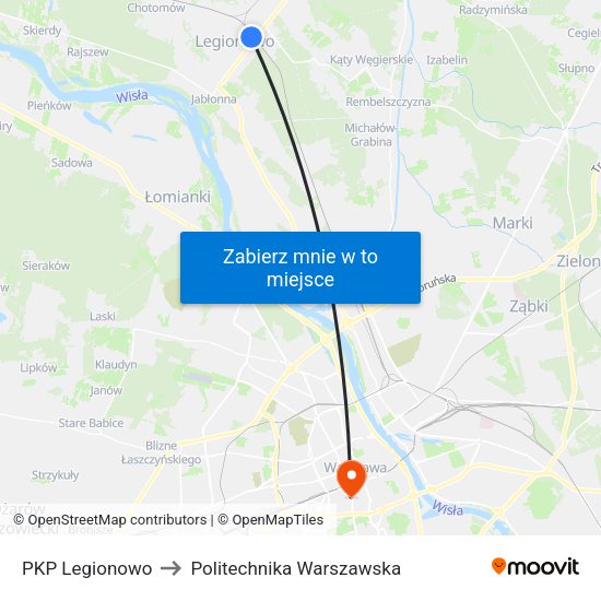 PKP Legionowo to Politechnika Warszawska map