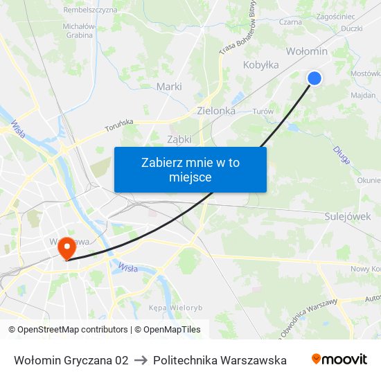 Wołomin Gryczana to Politechnika Warszawska map