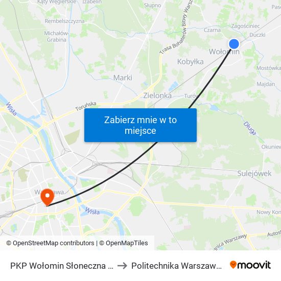 PKP Wołomin Słoneczna 02 to Politechnika Warszawska map