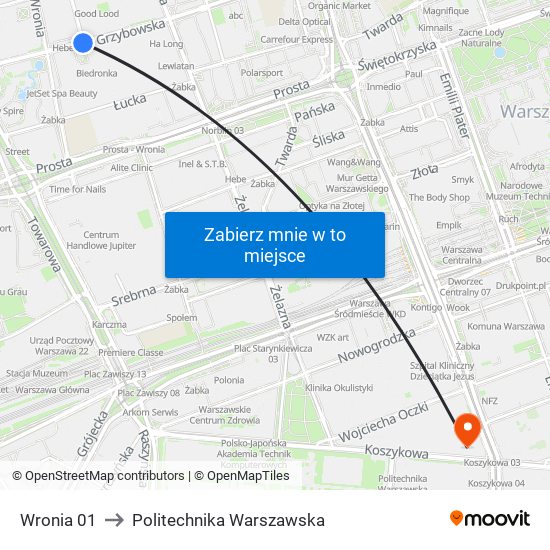 Wronia 01 to Politechnika Warszawska map