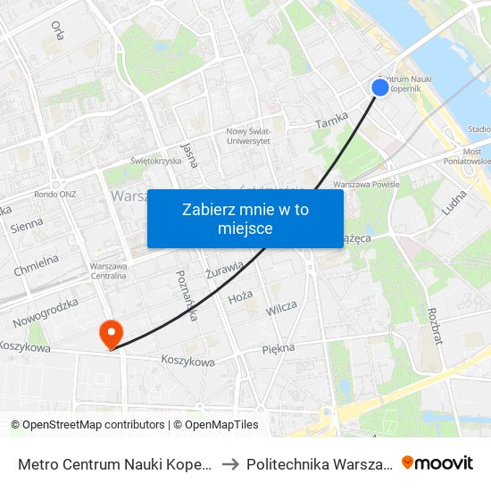 Metro Centrum Nauki Kopernik 05 to Politechnika Warszawska map