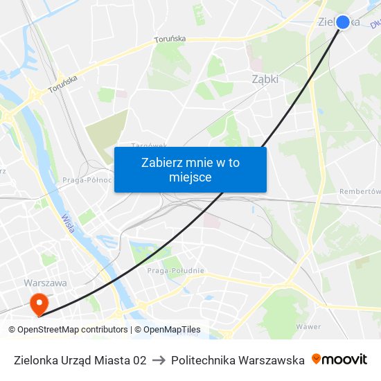 Zielonka Urząd Miasta 02 to Politechnika Warszawska map