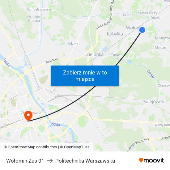 Wołomin Zus 01 to Politechnika Warszawska map