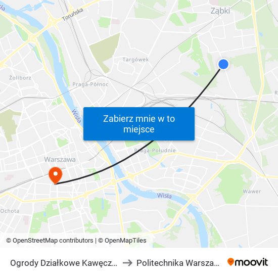 Ogrody Działkowe Kawęczyn 01 to Politechnika Warszawska map