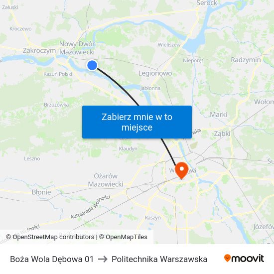 Boża Wola Dębowa to Politechnika Warszawska map