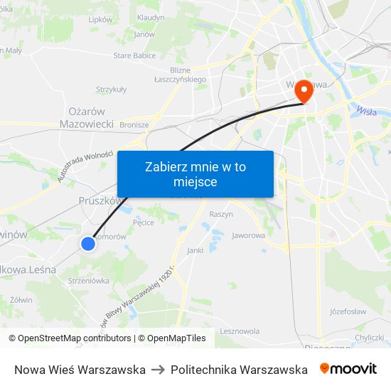 Nowa Wieś Warszawska to Politechnika Warszawska map