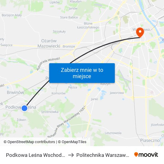 Podkowa Leśna Wschodnia to Politechnika Warszawska map