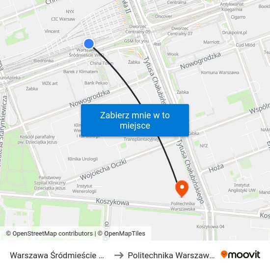 Warszawa Śródmieście WKD to Politechnika Warszawska map