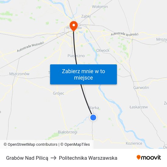 Grabów Nad Pilicą to Politechnika Warszawska map