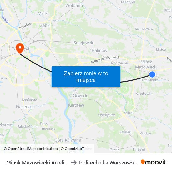 Mińsk Mazowiecki Anielina to Politechnika Warszawska map