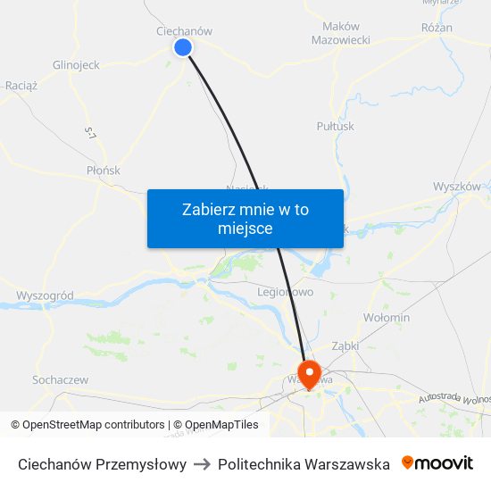 Ciechanów Przemysłowy to Politechnika Warszawska map