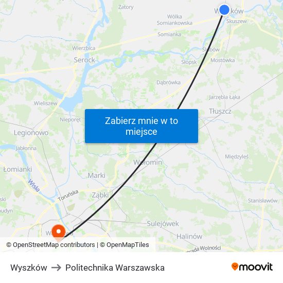 Wyszków to Politechnika Warszawska map