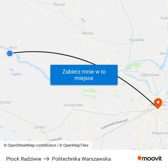 Płock Radziwie to Politechnika Warszawska map