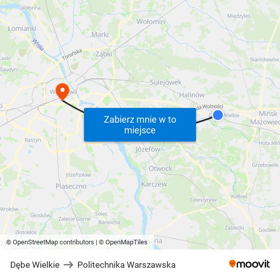 Dębe Wielkie to Politechnika Warszawska map