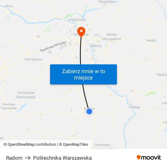 Radom to Politechnika Warszawska map