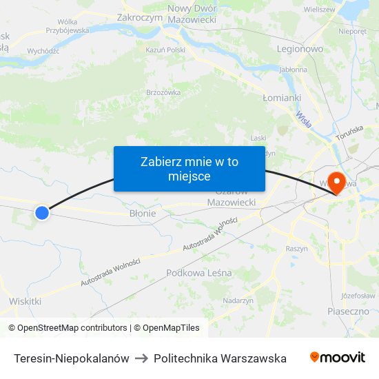 Teresin-Niepokalanów to Politechnika Warszawska map