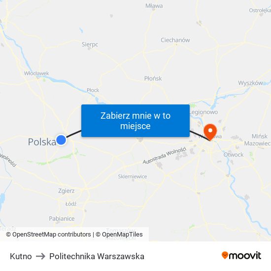 Kutno to Politechnika Warszawska map