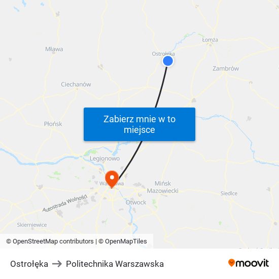 Ostrołęka to Politechnika Warszawska map