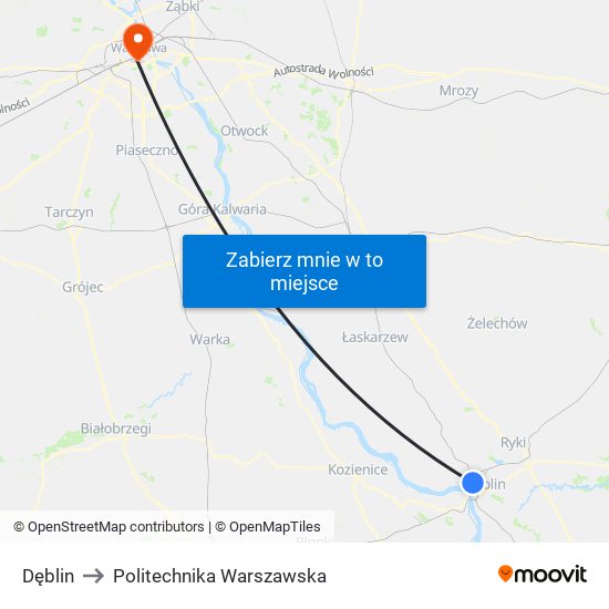 Dęblin to Politechnika Warszawska map