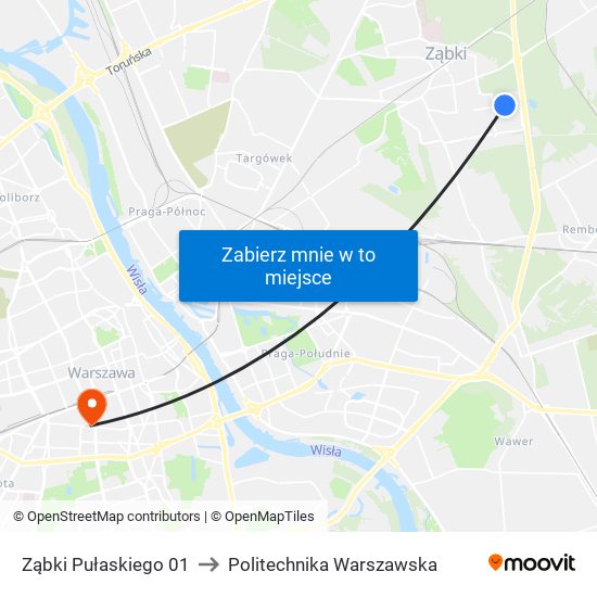 Ząbki Pułaskiego 01 to Politechnika Warszawska map