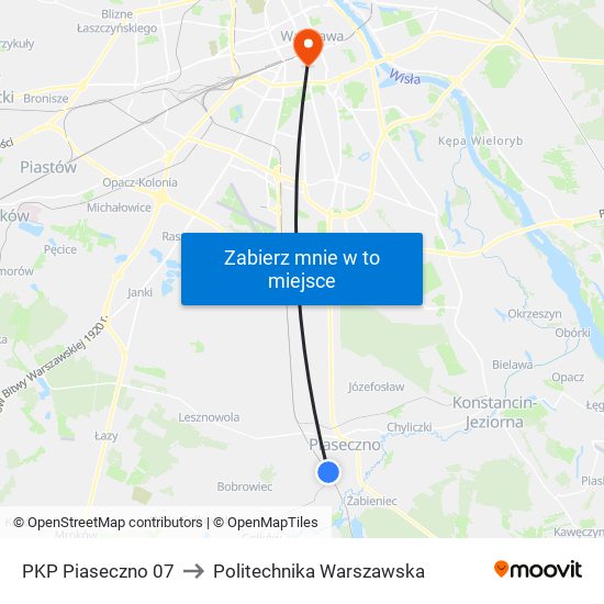 PKP Piaseczno to Politechnika Warszawska map