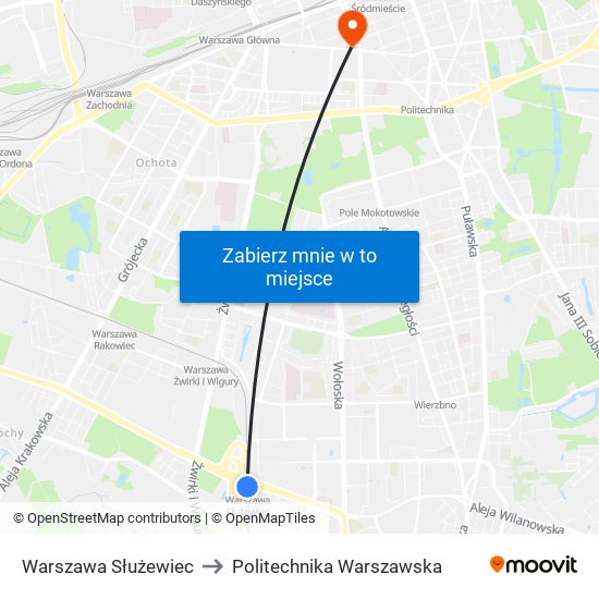 Warszawa Służewiec to Politechnika Warszawska map