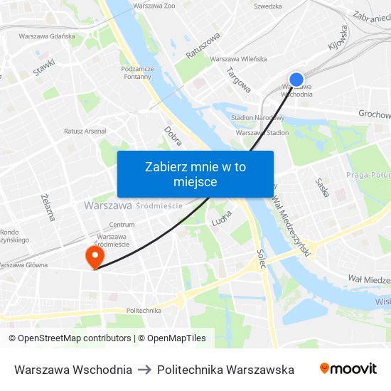 Warszawa Wschodnia to Politechnika Warszawska map