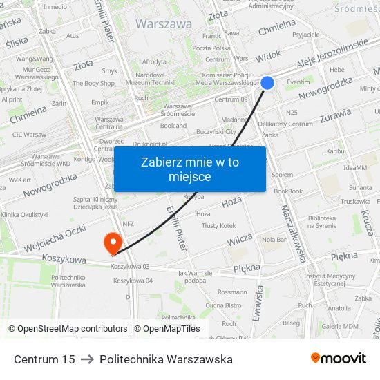 Centrum 15 to Politechnika Warszawska map