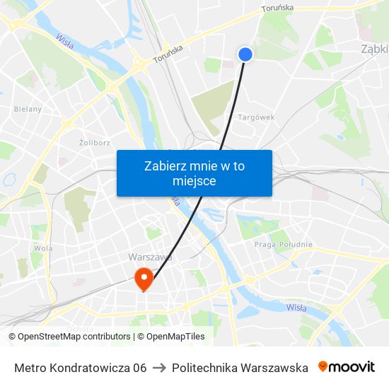 Metro Kondratowicza to Politechnika Warszawska map