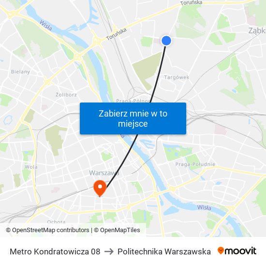 Metro Kondratowicza 08 to Politechnika Warszawska map