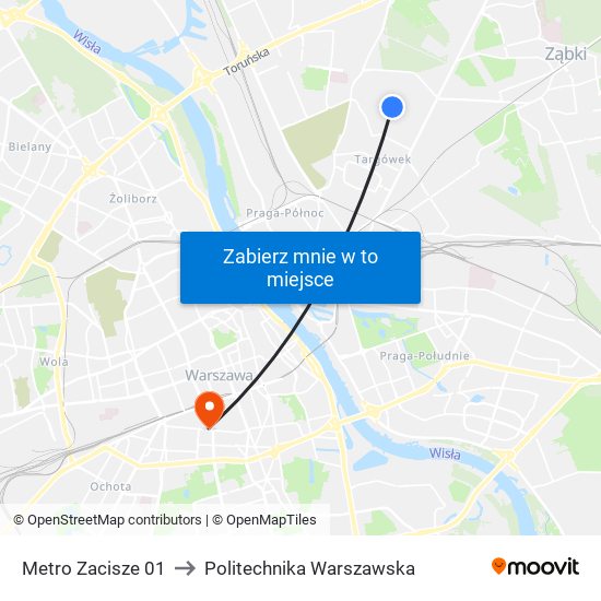 Metro Zacisze to Politechnika Warszawska map