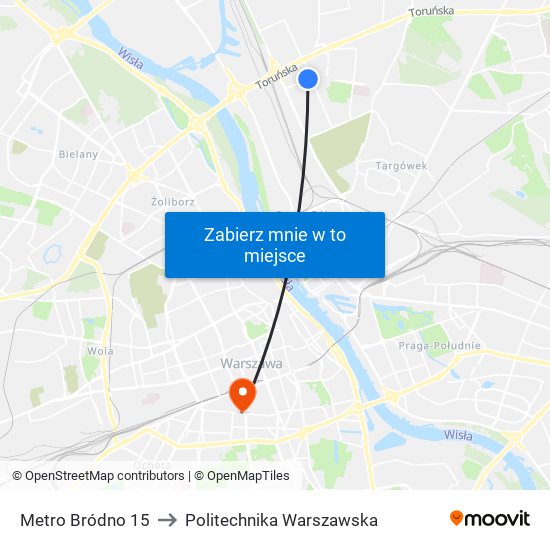 Metro Bródno 15 to Politechnika Warszawska map