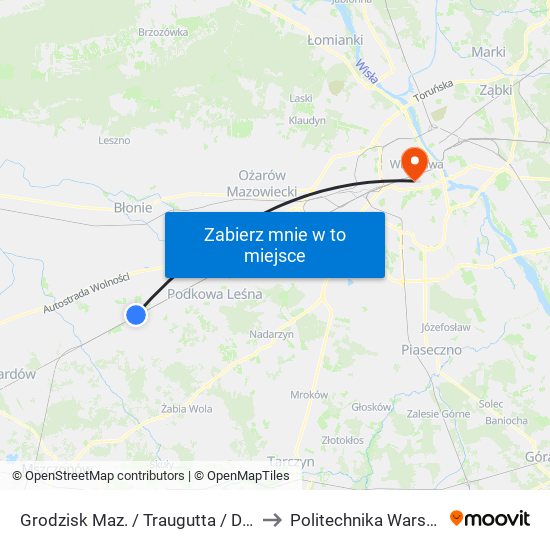 Grodzisk Maz. / Traugutta / Dw. PKP to Politechnika Warszawska map