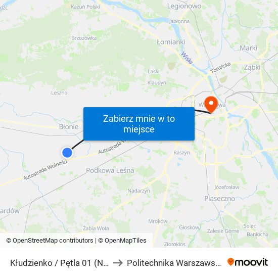 Kłudzienko / Pętla 01 (Nż) to Politechnika Warszawska map