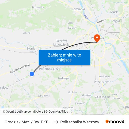 Grodzisk Maz. / Dw. PKP 01 to Politechnika Warszawska map