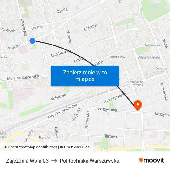 Zajezdnia Wola to Politechnika Warszawska map