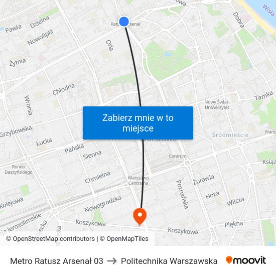 Metro Ratusz Arsenał to Politechnika Warszawska map