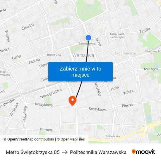 Metro Świętokrzyska 05 to Politechnika Warszawska map