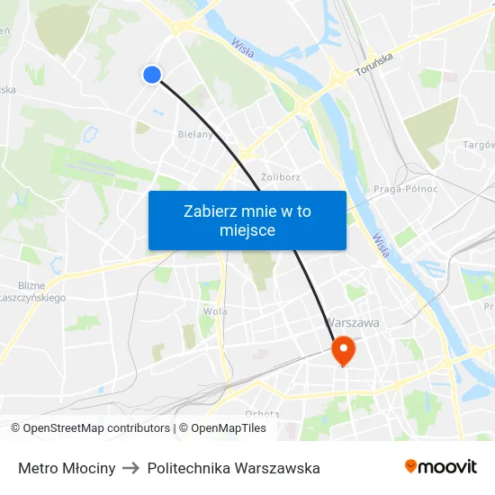 Metro Młociny to Politechnika Warszawska map