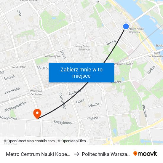 Metro Centrum Nauki Kopernik 04 to Politechnika Warszawska map