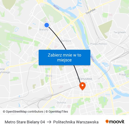 Metro Stare Bielany 04 to Politechnika Warszawska map