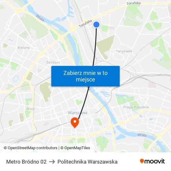 Metro Bródno 02 to Politechnika Warszawska map