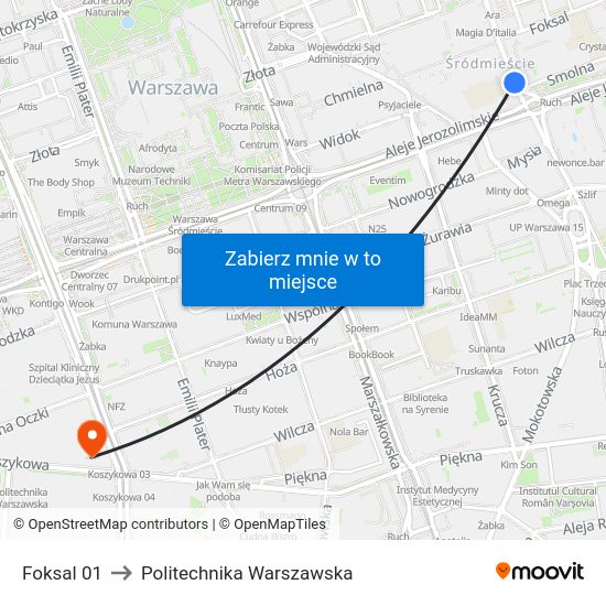 Foksal 01 to Politechnika Warszawska map