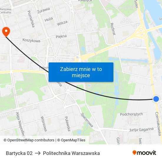 Bartycka 02 to Politechnika Warszawska map