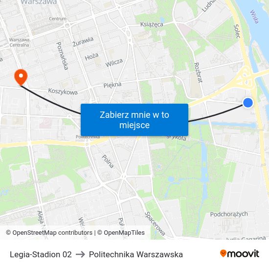 Legia-Stadion to Politechnika Warszawska map