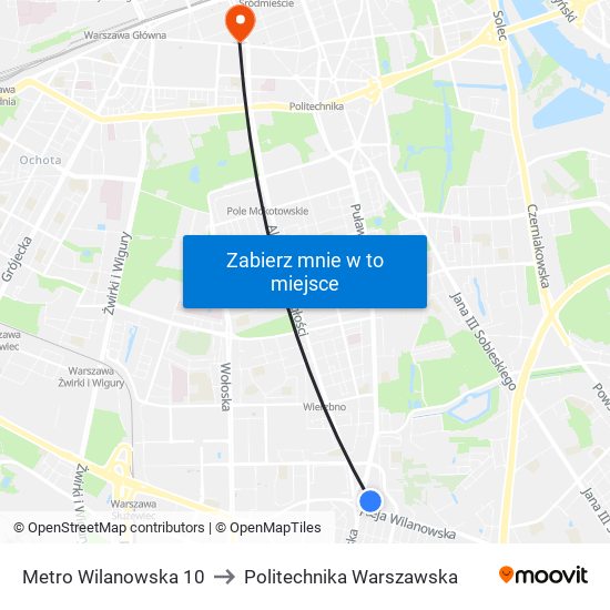 Metro Wilanowska to Politechnika Warszawska map