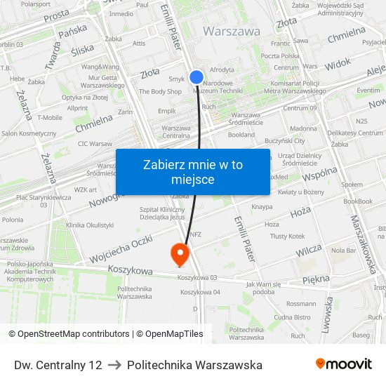 Dw. Centralny 12 to Politechnika Warszawska map