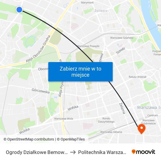 Ogrody Działkowe Bemowo 02 to Politechnika Warszawska map