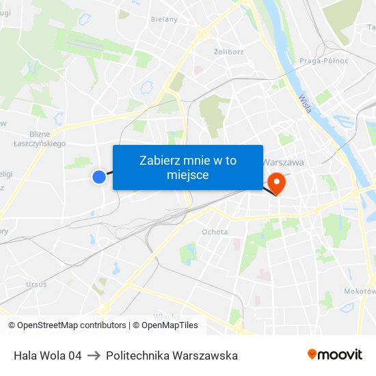 Hala Wola to Politechnika Warszawska map